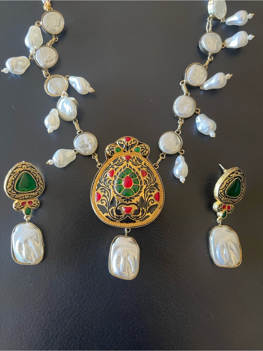 Gold-Tone Green & Pearl Pendant Necklace with Matching Earrings
